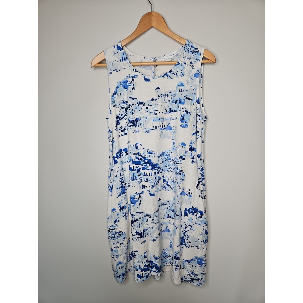 Jane + Delancey Dress L Blue City Scene Linen Blend Cottage Coastal Nautical